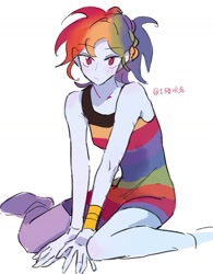 Size: 1109x1419 | Tagged: safe, artist:zoe1003, rainbow dash, human, g4, bare shoulders, female, humanized, kneeling, multicolored hair, rainbow hair, simple background, sleeveless, solo, white background