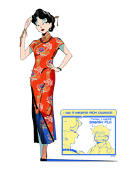 Size: 1280x1659 | Tagged: safe, artist:bixels, applejack, rarity, human, the grand galloping 20s, g4, beauty mark, blushing, bracelet, cheongsam, chinese new year, clothes, dialogue, dress, duo, duo female, eyeshadow, female, hairpin, high heels, humanized, jewelry, lesbian, lipstick, lunar new year, makeup, necklace, painted nails, ship:rarijack, shipping, shoes, simple background, solo, sweat, text, white background