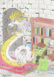 Size: 1043x1496 | Tagged: safe, artist:opti, oc, oc:broadside barb, oc:guiding light, dragon, earth pony, eastern dragon, pony, bookshelf, castle, dragonified, gemstones, implied transformation, magic, rug, ruins, species swap, traditional art