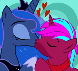 Size: 3289x3000 | Tagged: safe, artist:jennieoo, princess luna, oc, oc:breezy sleeplist, alicorn, pony, unicorn, g4, canon x oc, commission, duo, eyes closed, female, hearts and hooves day, holiday, horn, kiss on the lips, kissing, male, show accurate, straight, valentine, valentine's day, vector, ych example, ych result, your character here