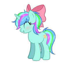 Size: 1138x1028 | Tagged: safe, artist:thinkywhynky, oc, oc only, oc:coral glitter, pony, unicorn, 2024 community collab, derpibooru community collaboration, bow, commission, eyes closed, female, grin, hair bow, mare, multicolored hair, simple background, smiling, solo, transparent background, ych result