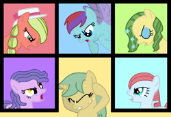 Size: 1080x739 | Tagged: safe, oc, oc only, oc:daylight savings, oc:dizzy pinwheel, oc:home grown, oc:love lock, oc:maplejack, oc:snowcone, earth pony, pegasus, pony, unicorn, alien 6, angry, argument, cowboys and equestrians, eyes closed, female, flying, horn, mad (tv series), mad magazine, maplejack, mare, spread wings, wings