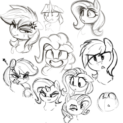 Size: 2500x2500 | Tagged: safe, artist:welost, applejack, fluttershy, pinkie pie, rainbow dash, rarity, trixie, twilight sparkle, earth pony, pegasus, pony, unicorn, g4, angry, bust, cross-popping veins, emanata, eye clipping through hair, female, floppy ears, grayscale, grin, horn, mane six, mare, monochrome, simple background, sketch, sketch dump, smiling, white background