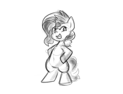 Size: 1084x827 | Tagged: safe, artist:zutcha, sunset shimmer, pony, unicorn, g4, belly button, bipedal, female, grayscale, grin, hoof on hip, horn, mare, monochrome, simple background, sketch, smiling, solo, white background