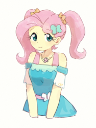 Size: 600x800 | Tagged: safe, artist:fuyugi, fluttershy, human, clothes, dress, female, looking at you, pigtails, simple background, smiling, smiling at you, solo, twintails, white background