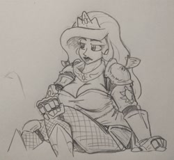 Size: 2000x1836 | Tagged: safe, artist:jargon scott, princess celestia, human, armor, big breasts, breasts, busty princess celestia, cleavage, female, grayscale, humanized, lidded eyes, monochrome, pencil drawing, sitting, solo, traditional art, unconvincing armor