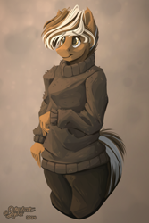 Size: 2000x3000 | Tagged: safe, artist:stardustspix, oc, oc only, oc:caramel, earth pony, pony, anthro, abstract background, clothes, colored eyebrows, colored eyelashes, colored pupils, cute, eyebrows, eyebrows visible through hair, high res, male, solo, stallion, sweater, tail