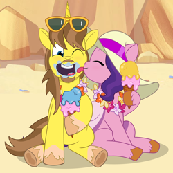 Size: 1920x1920 | Tagged: safe, artist:grapefruit-face, pipp petals, oc, pony, g5, beach, canon x oc, cheek squish, duo, eating, eyes closed, face licking, female, floral necklace, flower, food, hat, ice cream, licking, male, mare, one eye closed, open mouth, outdoors, ship:grapepipp, sitting, squishy cheeks, stallion, taste test, tongue out, wink