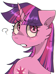 Size: 1563x2048 | Tagged: safe, artist:destroyer_aky, artist:usapipoyoyo, twilight sparkle, pony, unicorn, g4, cheek fluff, confused, eye clipping through hair, eyebrows, eyebrows visible through hair, female, half body, horn, mare, question mark, simple background, slit pupils, solo, unicorn twilight, white background