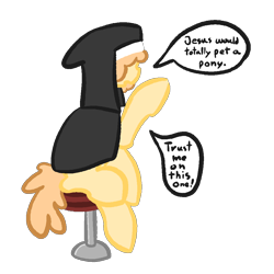 Size: 1020x1020 | Tagged: safe, artist:castafae, oc, oc only, oc:butterscotch, earth pony, pony, dialogue, hair over eyes, nun, simple background, sitting, solo, stool, transparent background