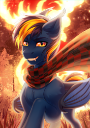 Size: 2480x3507 | Tagged: safe, artist:fenwaru, oc, oc only, oc:solaris, bat pony, pony, bat pony oc, clothes, fangs, fire, looking at you, male, scarf, solo