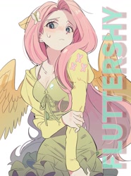 Size: 1249x1678 | Tagged: safe, artist:memoji_7672, fluttershy, human, g4, blushing, breasts, butterfly hairpin, cleavage, clothes, cutie mark on clothes, dress, female, hairpin, humanized, long hair, pony ears, reasonably sized breasts, simple background, solo, sweat, sweatdrop, white background, winged humanization, wings