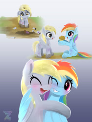 Size: 1800x2400 | Tagged: safe, artist:darksly, derpy hooves, rainbow dash, pegasus, pony, g4, blushing, bruised, crying, cute, daaaaaaaaaaaw, dashabetes, derpabetes, duo, eyes closed, female, filly, filly derpy, filly rainbow dash, foal, food, friendshipping, gradient background, hug, mail, mare, mud, muffin, one eye closed, open mouth, scratches, smiling, tears of joy, younger