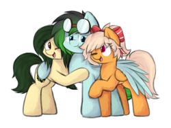 Size: 4000x3000 | Tagged: safe, artist:aaathebap, oc, oc only, oc:gryph xander, oc:myrtle remedy, oc:quote unquote, earth pony, cute, hug, simple background, trio, white background, winghug, wings