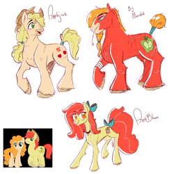 Size: 1600x1600 | Tagged: safe, artist:texacity, apple bloom, applejack, big macintosh, bright mac, pear butter, earth pony, pony, g4, alternate design, apple siblings, apple sisters, bow, brother and sister, concave belly, female, filly, foal, male, mare, scar, siblings, simple background, sisters, slender, stallion, straw in mouth, tail, tail bow, thin, unshorn fetlocks, white background