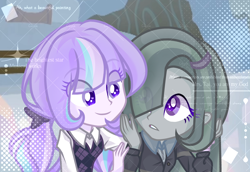 Size: 2764x1907 | Tagged: safe, artist:sr, marble pie, oc, oc:delia ino, equestria girls, g4, canon x oc, female, females only, friends, friendship, hug, looking at each other, looking at someone, love, purple hair, simple background, smiling