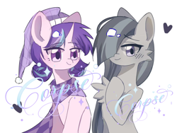 Size: 1080x810 | Tagged: source needed, safe, marble pie, oc, oc:delia ino, earth pony, pony, unicorn, canon x oc, clothes, female, females only, friends, friendship, hat, heart, horn, looking at you, looking back, looking back at you, scarf, unicorn oc