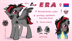 Size: 2627x1492 | Tagged: safe, artist:rtootb, oc, oc only, oc:era, pegasus, pony, g4, wonderbolts academy, bisexual pride flag, blushing, clothes, ear fluff, ear piercing, earring, eyebrow piercing, female, jewelry, looking at you, mare, pegasus oc, piercing, pride, pride flag, red eyes, reference sheet, simple background, smiling, smiling at you, tattoo, tongue piercing, uniform, wonderbolts uniform