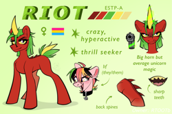 Size: 2429x1620 | Tagged: safe, artist:rtootb, oc, oc:riot, dracony, dragon, hybrid, unicorn, collar, fangs, female, green eyes, gun, horn, hybrid oc, looking at you, mare, nonbinary, pansexual pride flag, pride, pride flag, reference sheet, smiling, smirk, spikes, teeth, text, weapon