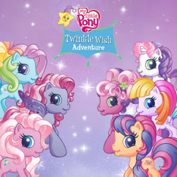 Size: 1200x1200 | Tagged: safe, cheerilee (g3), pinkie pie (g3), rainbow dash (g3), scootaloo (g3), starsong, sweetie belle (g3), toola-roola, g3, g3.5, official, twinkle wish adventure, album, album cover, core seven, cover, heart, heart eyes, logo, looking at you, smiling, smiling at you, sparkles, violet background, wingding eyes
