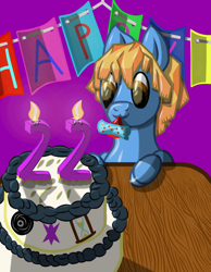 Size: 700x900 | Tagged: safe, artist:lukasz, oc, oc only, earth pony, pony, birthday, cake, food, happy, party horn, solo