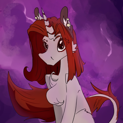 Size: 1450x1450 | Tagged: safe, artist:destiny_manticor, oc, oc only, pony, unicorn, cheek fluff, chest fluff, eye clipping through hair, female, horn, leonine tail, mare, red hair, simple background, solo, tail, unicorn oc