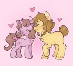 Size: 1519x1365 | Tagged: safe, artist:mikako, oc, oc only, earth pony, unicorn, bow, brown mane, couple, cute, duo, duo male and female, earth pony oc, female, glasses, hair bow, hair bun, heart, horn, love, male, purple coat, ribbon, shipping, unicorn oc, yellow coat