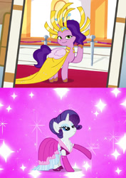 Size: 1123x1588 | Tagged: safe, edit, edited screencap, screencap, pipp petals, rarity, pegasus, pony, unicorn, g4, g5, my bananas, my little pony: tell your tale, too many pinkie pies, spoiler:g5, spoiler:my little pony: tell your tale, spoiler:tyts01e21, clothes, comparison, dress, horn, pipp and her heroine