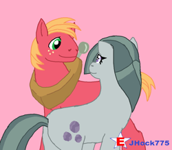 Size: 968x848 | Tagged: safe, artist:jhock775, big macintosh, marble pie, earth pony, pony, duo, female, looking at each other, looking at someone, male, mare, pink background, ship:marblemac, shipping, simple background, smiling, smiling at each other, stallion, straight