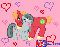 Size: 600x470 | Tagged: safe, artist:jhock775, big macintosh, marble pie, earth pony, pony, card, cute, daaaaaaaaaaaw, duo, female, freckles, heart, hearts and hooves, hearts and hooves day, looking at each other, looking at someone, male, mare, pink background, ship:marblemac, shipping, simple background, smiling, smiling at each other, stallion, straight, wholesome