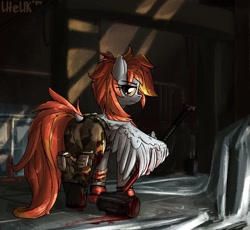 Size: 1280x1177 | Tagged: safe, artist:uteuk, oc, oc only, pegasus, blood, clothes, escape from tarkov, female, hammer, mare, pants, wing hands, wings