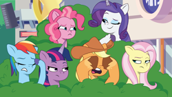 Size: 2400x1350 | Tagged: safe, artist:prixy05, applejack, fluttershy, pinkie pie, rainbow dash, rarity, twilight sparkle, alicorn, earth pony, pegasus, pony, unicorn, g4, g5, jazz hearts rocky, my little pony: tell your tale, spoiler:g5, spoiler:my little pony: tell your tale, spoiler:tyts02e04, bush, character swap, female, fluttershy is not amused, g4 to g5, generation leap, horn, i can't believe it's not hasbro studios, mane six, mare, pinkie pie is not amused, rainbow dash is not amused, rarity is amused, twilight sparkle (alicorn), twilight sparkle is not amused, unamused, varying degrees of amusement