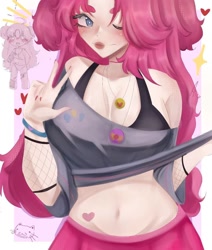 Size: 1084x1280 | Tagged: safe, artist:roltic, pinkie pie, human, g4, belly button, blushing, bra, bra strap, clothes, female, heart, humanized, jewelry, lipstick, makeup, midriff, nail polish, necklace, one eye closed, peace sign, shirt, simple background, solo, tattoo, underwear, white background, wink, wristband