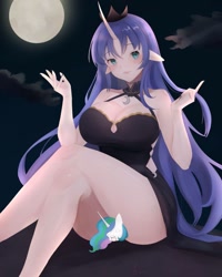 Size: 1023x1280 | Tagged: safe, artist:roltic, princess celestia, princess luna, alicorn, human, pony, g4, breasts, busty princess luna, censored, chibi, choker, clothes, cloud, crown, dress, duo, duo female, female, full moon, horn, horned humanization, humanized, jewelry, makeup, mare, moon, nail polish, night, open mouth, regalia, royal sisters, screaming, siblings, sisters, sitting, sitting on person, strategically covered