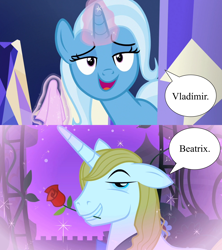 Size: 1280x1440 | Tagged: safe, edit, edited screencap, screencap, prince blueblood, trixie, all bottled up, g4, the best night ever, beatrix lulamoon, female, flower, male, name, napkin, prince vladimir, prince vladimir blueblood, rose, ship:bluetrix, shipping, smiling, speech bubble, straight