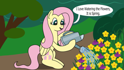 Size: 1920x1080 | Tagged: safe, artist:platinumdrop, fluttershy, pegasus, pony, g4, commission, flower, hoof hold, smiling, solo, speech, speech bubble, talking, water, watering can