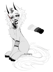 Size: 2050x2750 | Tagged: safe, artist:simonsayscry, oc, oc only, oc:dead dove, pony, unicorn, black hooves, blood, bloody knife, cheekbone piercings, chest fluff, choker, demon horns, ear fluff, eyebrows, eyebrows visible through hair, eyelashes, facial markings, facial piercing, fangs, female, female oc, glowing, glowing horn, gray coat, gray eyes, high res, hooves, horn, horn piercing, horns, jewelry, kitchen knife, knife, levitation, lidded eyes, lip piercing, long tail, magic, mare, mare oc, messy hair, messy mane, messy tail, open mouth, open smile, piercing, reference, reference sheet, simple background, sitting, smiling, snake bites, solo, tail, telekinesis, unicorn oc, unshorn fetlocks, white background, white hair, white mane, white tail