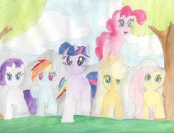 Size: 1650x1262 | Tagged: safe, artist:artist-srf, applejack, fluttershy, pinkie pie, rainbow dash, rarity, twilight sparkle, earth pony, pegasus, pony, unicorn, g4, female, front view, horn, mane six, mare, running, traditional art