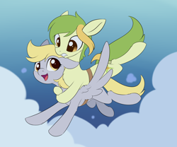 Size: 2560x2132 | Tagged: safe, artist:dusthiel, derpy hooves, oc, oc:dust wind, earth pony, pegasus, pony, g4, cloud, duo, female, flying, looking left, mare, ponies riding ponies, riding, spread wings, wings