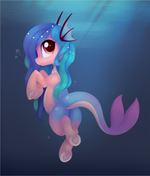 Size: 2377x2786 | Tagged: safe, artist:dusthiel, oc, oc only, earth pony, merpony, pony, augmented, augmented tail, blue mane, bubble, butt, clothes, cute, digital art, female, fish tail, floppy ears, flowing mane, flowing tail, jewelry, looking at you, mare, necklace, ocean, pearl necklace, plot, scales, smiling, smiling at you, solo, sunlight, swimming, tail, underhoof, underwater, underwear, water