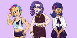 Size: 1366x685 | Tagged: safe, artist:cosmicponye, rainbow dash, rarity, twilight sparkle, human, g4, alternate hairstyle, belly button, bracelet, clothes, ear piercing, earring, eyebrow piercing, eyeshadow, female, grin, humanized, jewelry, lipstick, looking at each other, looking at someone, makeup, midriff, nail polish, piercing, purple background, ring, shirt, shorts, simple background, size difference, skirt, smiling, sports bra, sports shorts, tank top, tattoo, trio, trio female