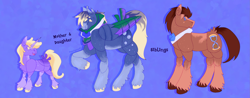 Size: 3041x1194 | Tagged: safe, artist:peachpaws0, derpy hooves, dinky hooves, doctor whooves, time turner, earth pony, pegasus, unicorn, g4, bowtie, chest fluff, family, female, filly, foal, freckles, horn, lavender sunrise au, mother and child, mother and daughter, parent:derpy hooves, siblings, tail, tail feathers, torn ear, trio