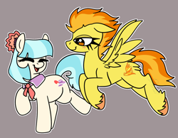 Size: 1348x1048 | Tagged: safe, artist:bluemoon, coco pommel, spitfire, earth pony, pegasus, pony, g4, blushing, clothes, cocofire, crack shipping, duo, duo female, eyes closed, female, flying, laughing, lesbian, shipping, spread wings, trotting, unshorn fetlocks, wings