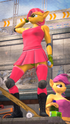 Size: 2160x3840 | Tagged: safe, artist:silkworm205, part of a set, babs seed, scootaloo, earth pony, pegasus, anthro, series:silkworm205's weekly artwork 2024, g4, 3d, action pose, breasts, clothes, colored eyebrows, dog tags, ear fluff, elbow pads, female, fluffy mane, fluffy tail, folded wings, freckles, gift art, gloves, holding, knee pads, leggings, older, older babs seed, older scootaloo, panties, reasonably sized breasts, revamped anthros, revamped ponies, skateboard, skirt, small breasts, source filmmaker, sunglasses, tail, tomboy, underwear, upskirt, wings