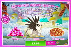 Size: 1956x1297 | Tagged: safe, gameloft, idw, glenda, griffon, g4, my little pony: magic princess, official, advertisement, claws, costs real money, english, female, gem, idw showified, introduction card, lucky coins, mobile game, numbers, sale, solo, spread wings, text, wings
