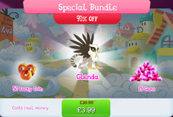 Size: 1263x857 | Tagged: safe, gameloft, idw, glenda, griffon, g4, my little pony: magic princess, official, bundle, claws, costs real money, english, female, gem, idw showified, lucky coins, mobile game, numbers, sale, solo, spread wings, text, wings