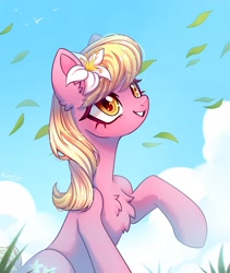 Size: 1823x2160 | Tagged: safe, artist:konejo, lily, lily valley, earth pony, pony, g4, chest fluff, cloud, cute, female, flower, flower in hair, grass, looking up, mare, outdoors, raised hoof, sitting, smiling, solo, wind
