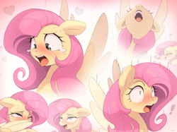 Size: 8453x6314 | Tagged: safe, artist:nookprint, fluttershy, pegasus, pony, g4, ahegao, blushing, colored wings, ears back, exclamation point, expressions, eyeroll, eyes closed, female, floppy ears, heart, lewd emotions, multeity, one eye closed, open mouth, open smile, smiling, so much flutter, solo, spread wings, surprised, sweat, teary eyes, tongue out, two toned wings, wide eyes, wings, wink