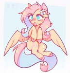 Size: 1396x1450 | Tagged: safe, artist:sillyp0ne, fluttershy, pegasus, pony, g4, alternate mane color, blue eyes, blushing, colored hooves, colored pinnae, cute, ear fluff, eyelashes, female, flower, flying, hooves in air, hooves to the chest, long mane, long tail, mare, open mouth, open smile, passepartout, pink mane, pink tail, shyabetes, signature, simple background, smiling, solo, spread wings, tail, two toned mane, two toned tail, unshorn fetlocks, white background, wings, yellow coat