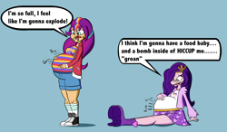 Size: 2512x1467 | Tagged: safe, artist:notanotherinflationartist, pipp petals, sunny starscout, human, equestria girls, g4, g5, adipipp, belly, big belly, blue background, duo, duo female, equestria girls-ified, fat, female, food baby, full, g5 to equestria girls, g5 to g4, generation leap, implied stuffing, messy, simple background, speech bubble, stomach noise, stuffed, stuffed belly, tubby starscout